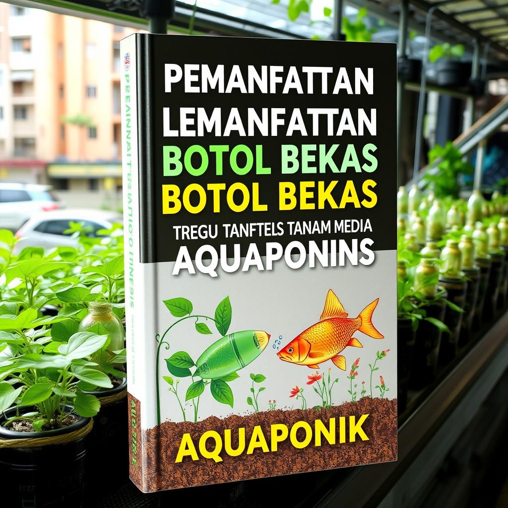 A creative and informative book cover design illustrating the innovative use of waste glass bottles as a growing medium in aquaponic systems