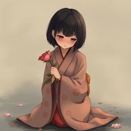 Chinese girl in a kimono, with short hair and bangs, kneeling while holding a withered rose and crying, portrayed in a mature vintage shoujo anime style