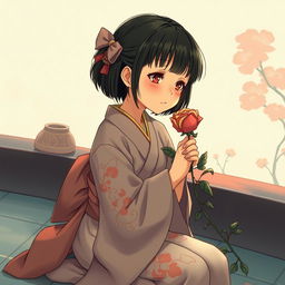 Chinese girl in a kimono, with short hair and bangs, kneeling while holding a withered rose and crying, portrayed in a mature vintage shoujo anime style