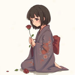 Chinese girl in a kimono, with short hair and bangs, kneeling while holding a withered rose and crying, portrayed in a mature vintage shoujo anime style