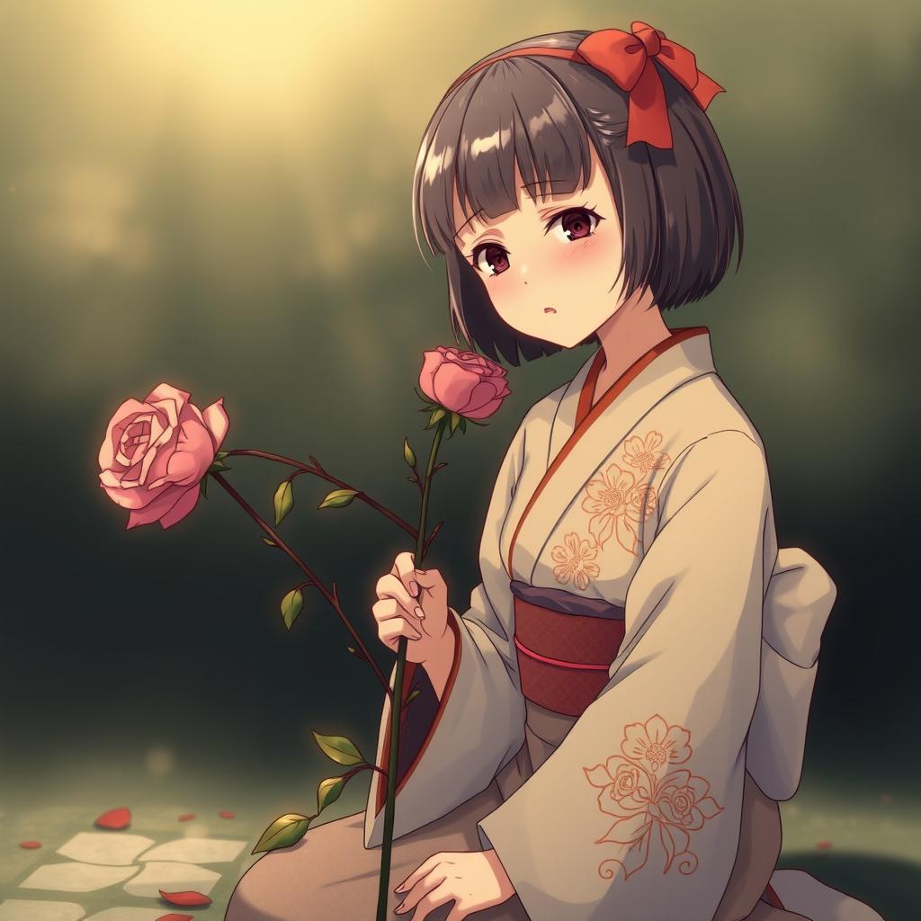 Chinese girl in a kimono, with short hair and bangs, kneeling while holding a withered rose and crying, portrayed in a mature vintage shoujo anime style