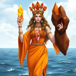 A realistic illustration of the Goddess of Strength, draped in a captivating orange flowing dress that highlights her power and vitality