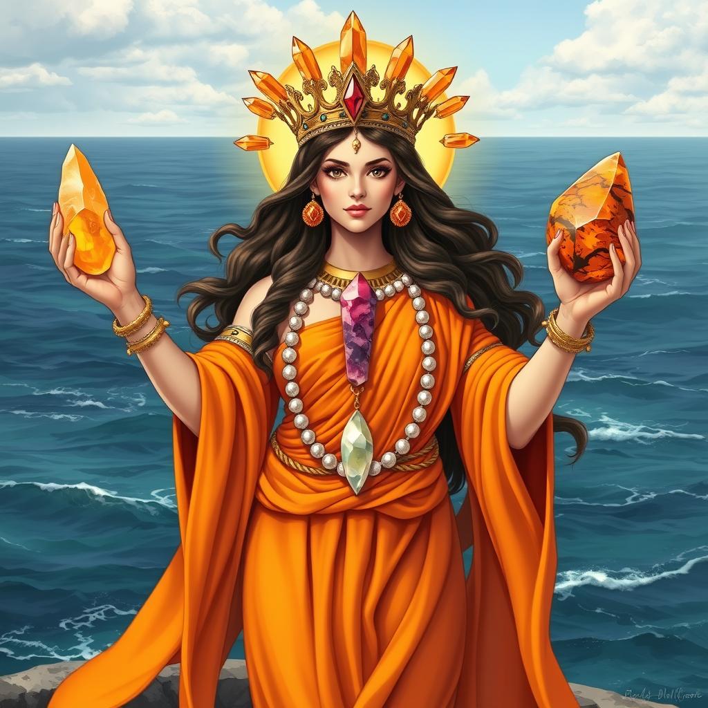 A realistic illustration of the Goddess of Strength, draped in a captivating orange flowing dress that highlights her power and vitality