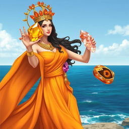 A realistic illustration of the Goddess of Strength, draped in a captivating orange flowing dress that highlights her power and vitality