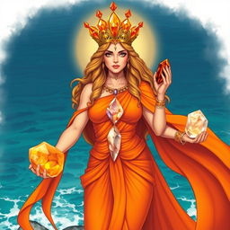 A realistic illustration of the Goddess of Strength, draped in a captivating orange flowing dress that highlights her power and vitality