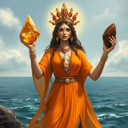 A realistic depiction of the Goddess of Strength adorned in a radiant orange flowing dress, embodying vitality and empowerment