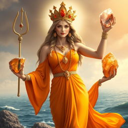 A realistic depiction of the Goddess of Strength adorned in a radiant orange flowing dress, embodying vitality and empowerment