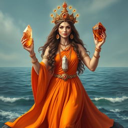 A realistic depiction of the Goddess of Strength adorned in a radiant orange flowing dress, embodying vitality and empowerment