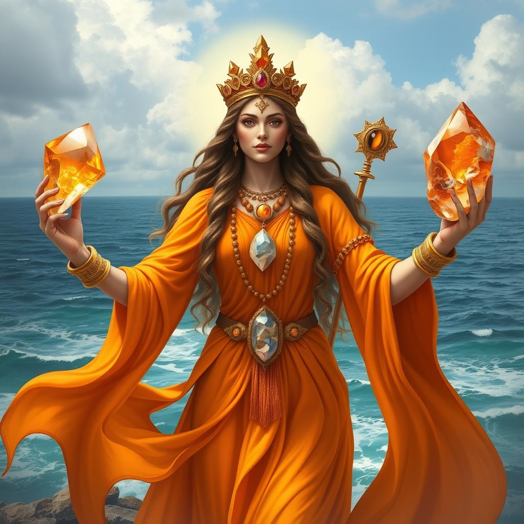 A realistic depiction of the Goddess of Strength adorned in a radiant orange flowing dress, embodying vitality and empowerment