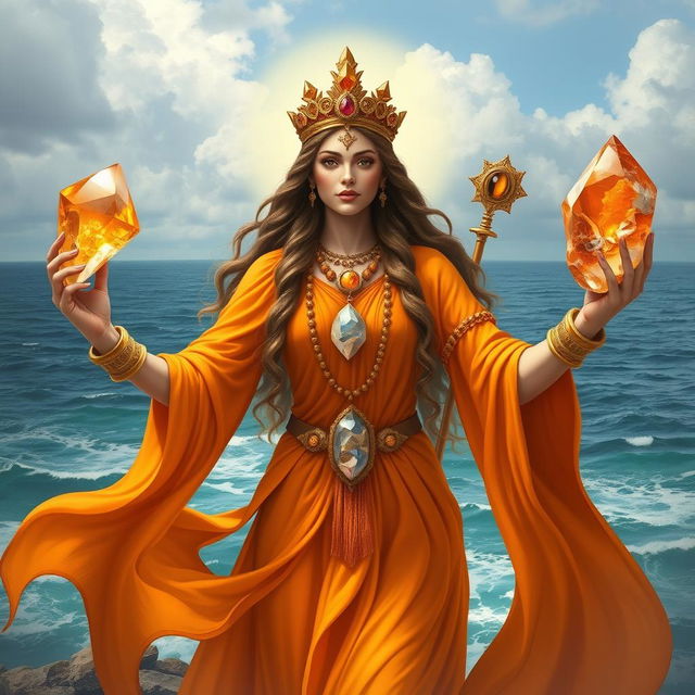 A realistic depiction of the Goddess of Strength adorned in a radiant orange flowing dress, embodying vitality and empowerment