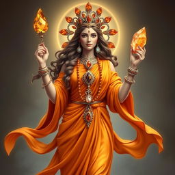 A realistic representation of the Goddess of Strength, draped in an exquisite orange flowing dress symbolizing vitality and empowerment