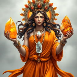 A realistic representation of the Goddess of Strength, draped in an exquisite orange flowing dress symbolizing vitality and empowerment