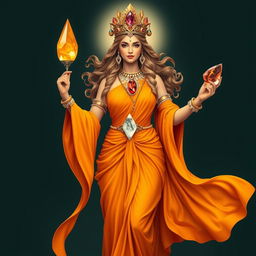 A realistic representation of the Goddess of Strength, draped in an exquisite orange flowing dress symbolizing vitality and empowerment