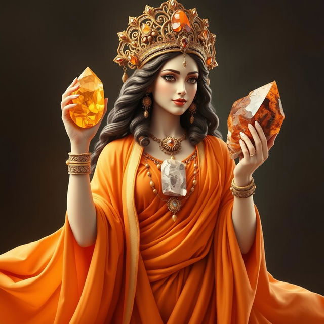 A realistic representation of the Goddess of Strength, draped in an exquisite orange flowing dress symbolizing vitality and empowerment