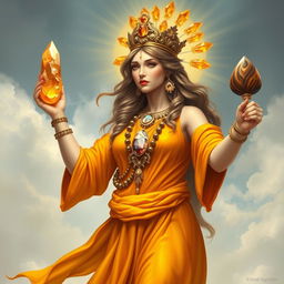 A realistic portrayal of the Goddess of Strength, dressed in a splendid orange flowing dress that radiates vitality and empowerment