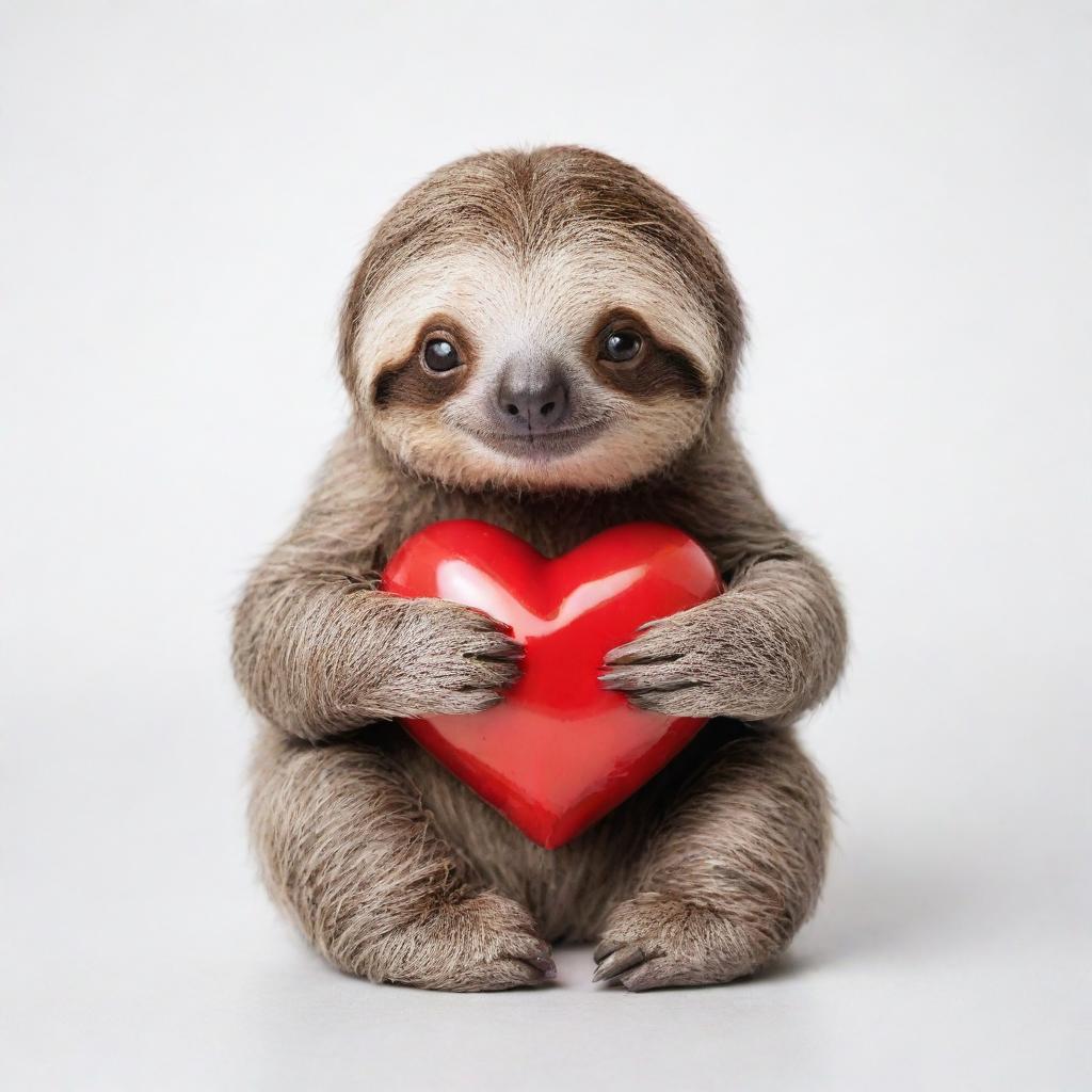 An endearing, small sloth hugging a heart for Valentine's Day, set against a pure white background