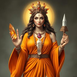 A realistic portrayal of the Goddess of Strength, dressed in a splendid orange flowing dress that radiates vitality and empowerment