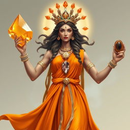 A realistic portrayal of the Goddess of Strength, dressed in a splendid orange flowing dress that radiates vitality and empowerment