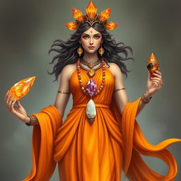 A realistic portrayal of the Goddess of Strength, dressed in a splendid orange flowing dress that radiates vitality and empowerment