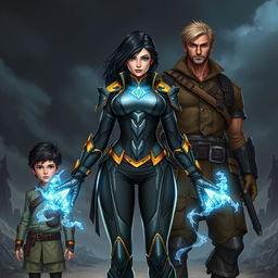 A high-fantasy scene with three characters in a post-apocalyptic setting