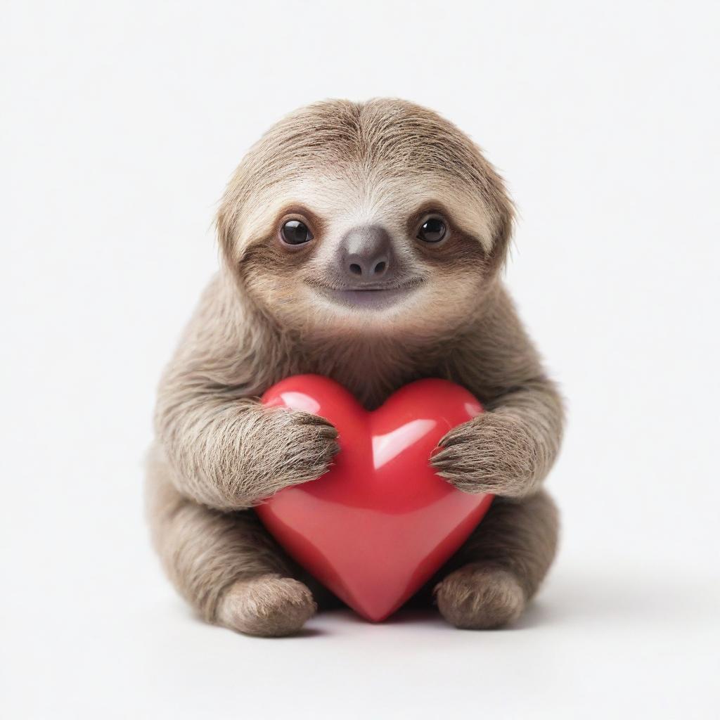 An endearing, small sloth hugging a heart for Valentine's Day, set against a pure white background