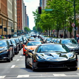 street scene with a blend of normal cars on one side and sporty cars on the other, both on a bustling urban street