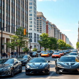 street scene with a blend of normal cars on one side and sporty cars on the other, both on a bustling urban street