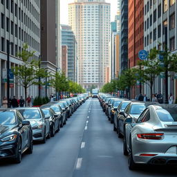 street scene with a blend of normal cars on one side and sporty cars on the other, both on a bustling urban street