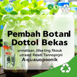 A cover design for a module titled 'Pemanfaatan Limbah Botol Bekas untuk Media Tanam Aquaponik' featuring creative and sustainable aquaponic systems using recycled bottles