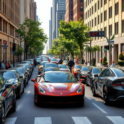 street scene with a blend of normal cars on one side and sporty cars on the other, both on a bustling urban street