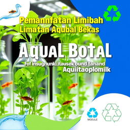 A cover design for a module titled 'Pemanfaatan Limbah Botol Bekas untuk Media Tanam Aquaponik' featuring creative and sustainable aquaponic systems using recycled bottles