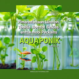 A cover design for a module titled 'Pemanfaatan Limbah Botol Bekas untuk Media Tanam Aquaponik' featuring creative and sustainable aquaponic systems using recycled bottles