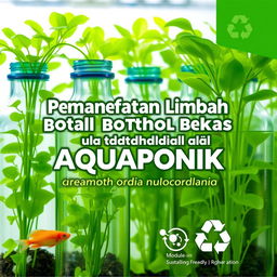 A cover design for a module titled 'Pemanfaatan Limbah Botol Bekas untuk Media Tanam Aquaponik' featuring creative and sustainable aquaponic systems using recycled bottles