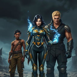 A high-fantasy scene with three characters in a post-apocalyptic setting