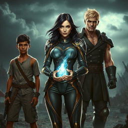 A high-fantasy scene with three characters in a post-apocalyptic setting