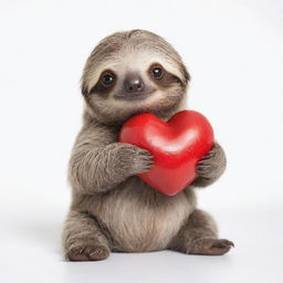 An endearing, small sloth hugging a heart for Valentine's Day, set against a pure white background