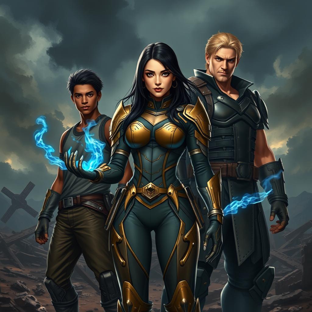 A realistic-style scene with three characters in a post-apocalyptic setting