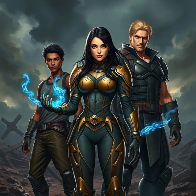 A realistic-style scene with three characters in a post-apocalyptic setting
