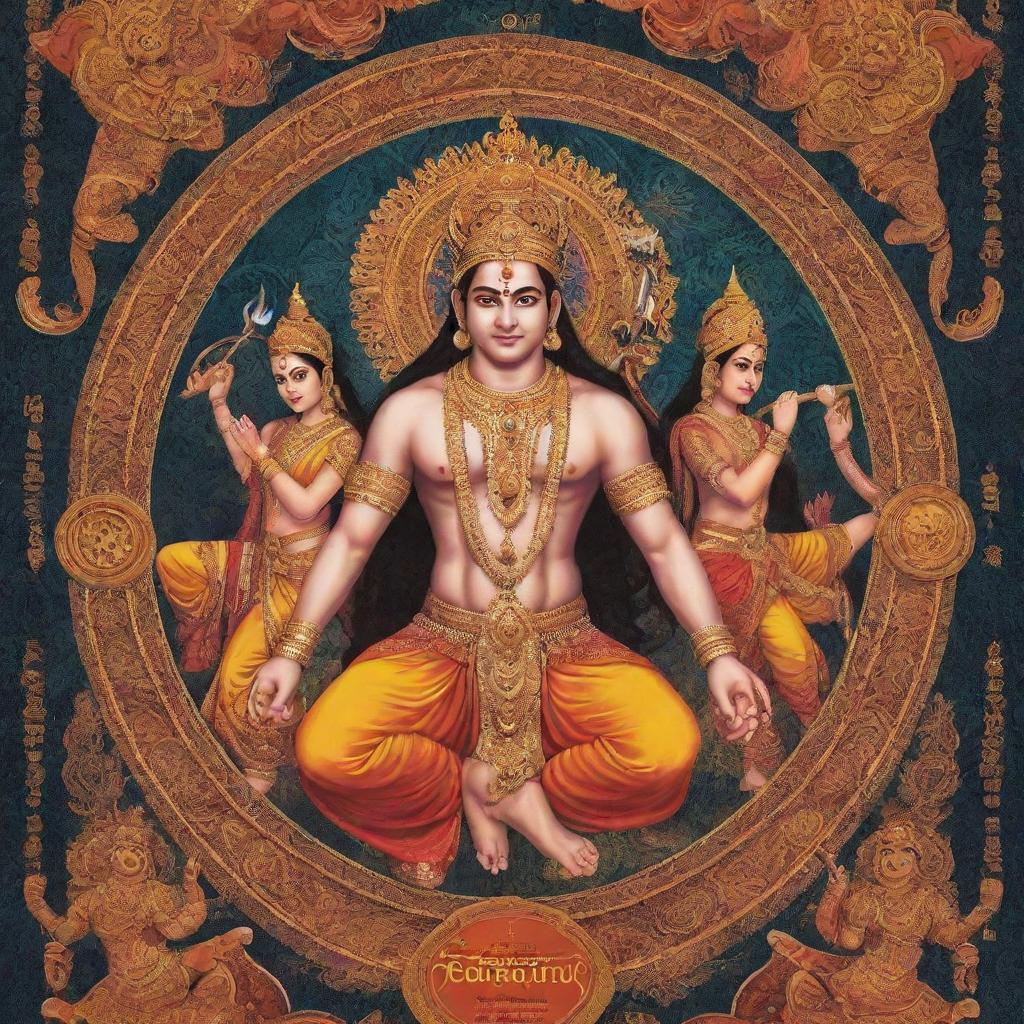 An artistic, vibrant and detailed poster depicting the story of Ramayana, with central figures such as Rama, Sita, Hanuman, and Ravana, surrounded by beautiful Indian traditional patterns and typography.