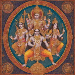 An artistic, vibrant and detailed poster depicting the story of Ramayana, with central figures such as Rama, Sita, Hanuman, and Ravana, surrounded by beautiful Indian traditional patterns and typography.