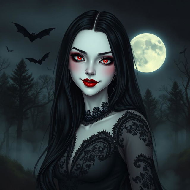 A mysterious and alluring vampire girl with porcelain skin, deep red lips, and glowing red eyes, standing under a moonlit night