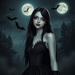 A mysterious and alluring vampire girl with porcelain skin, deep red lips, and glowing red eyes, standing under a moonlit night