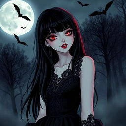 A mysterious and alluring vampire girl with porcelain skin, deep red lips, and glowing red eyes, standing under a moonlit night