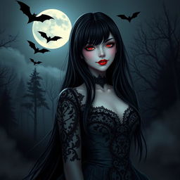 A mysterious and alluring vampire girl with porcelain skin, deep red lips, and glowing red eyes, standing under a moonlit night