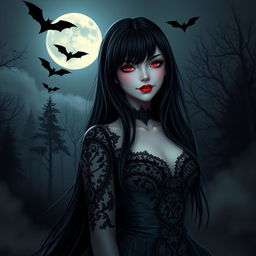 A mysterious and alluring vampire girl with porcelain skin, deep red lips, and glowing red eyes, standing under a moonlit night