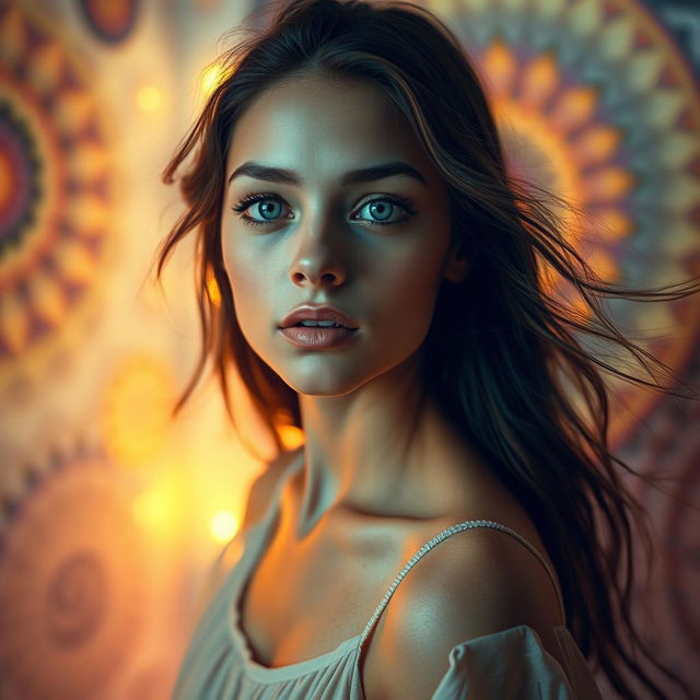 A young woman with mesmerizing, swirling eyes that hint at her being hypnotized