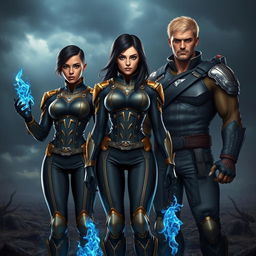 In a post-apocalyptic setting, three characters stand together