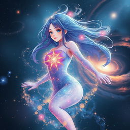 Nami, from a mystical realm, appears as a floating ethereal figure, her body seemingly dissolving into an array of vibrant cosmic particles