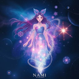 Nami, from a mystical realm, appears as a floating ethereal figure, her body seemingly dissolving into an array of vibrant cosmic particles