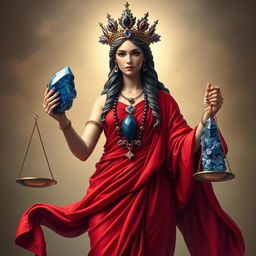 A realistic representation of the Goddess of Justice, adorned in a striking red flowing dress that symbolizes passion and fairness